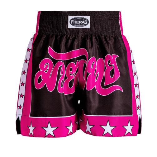 Short Muaythai - Estrela 2 - Preto e Rosa - Fheras - Equipamentos para Muay Thai