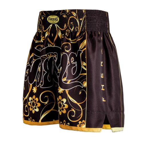 Short Muaythai - Floral 2 - PretoDourado - Fheras - equipamentos para muaythai