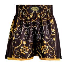 Short Muaythai - Floral 2 - PretoDourado - Fheras - equipamentos para muaythai