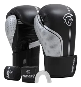 Kit Boxe Muay Thai Pretorian First Fx1 Preto Prata +bandagem